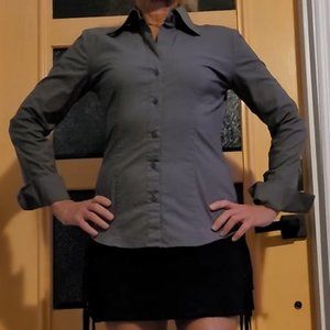 Gray Long Sleeve Button Up Top _______ Mora Black Suede Mini Skirt